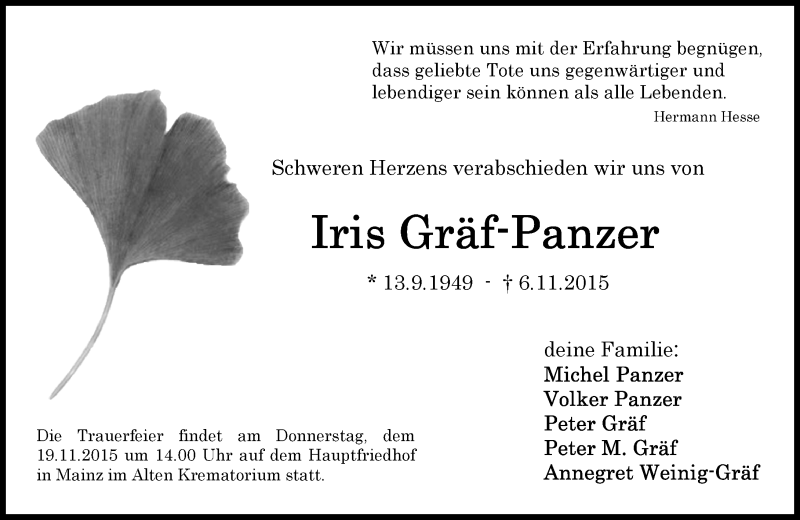  Traueranzeige für Iris Gräf-Panzer vom 14.11.2015 aus  Wiesbaden komplett