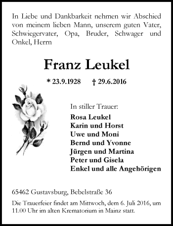 Traueranzeige von Franz Leukel von Trauerportal Rhein Main Presse