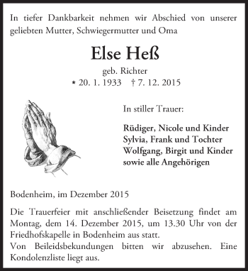 Traueranzeige von Else Heß von  Allgemeine Zeitung Mainz