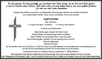 Traueranzeige von Ingrid Günster von  Allgemeine  Zeitung Ingelheim-Bingen