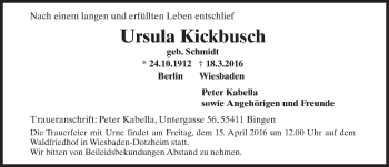 Traueranzeige von Ursula Kickbusch von  Wiesbaden komplett