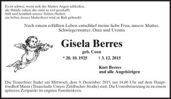 Traueranzeige von Gisela Berres von  Allgemeine Zeitung Mainz