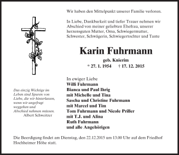 Traueranzeige von Karin Fuhrmann von  Wormser Zeitung