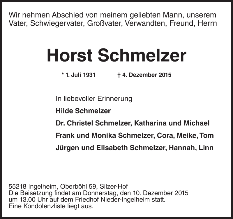 Traueranzeige für Horst Schmelzer vom 08.12.2015 aus  Allgemeine  Zeitung Ingelheim-Bingen