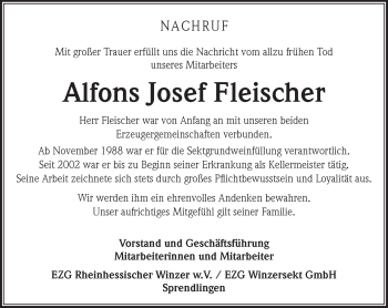 Traueranzeige von Alfons Josef Fleischer von  Allgemeine  Zeitung Ingelheim-Bingen