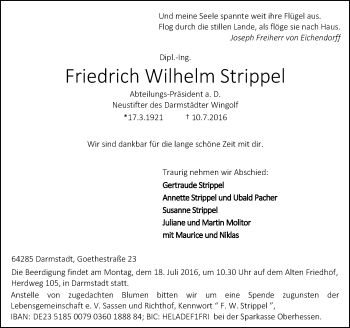 Traueranzeige von Friedrich Wilhelm Strippel von Trauerportal Echo Online
