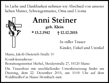 Traueranzeige von Anni Steiner von  Allgemeine Zeitung Mainz