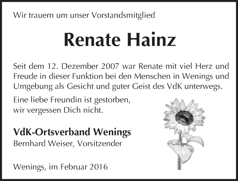  Traueranzeige für Renate Hainz vom 09.02.2016 aus  Kreisanzeiger