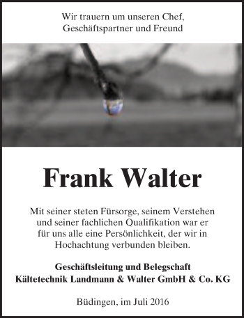Traueranzeige von Frank Walter von  Kreisanzeiger
