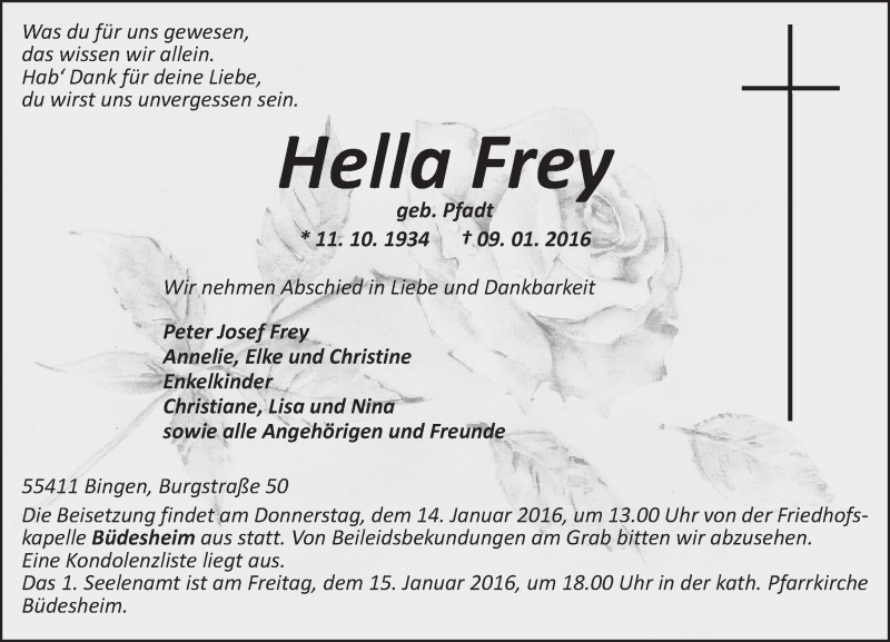  Traueranzeige für Hella Frey vom 12.01.2016 aus  Allgemeine  Zeitung Ingelheim-Bingen
