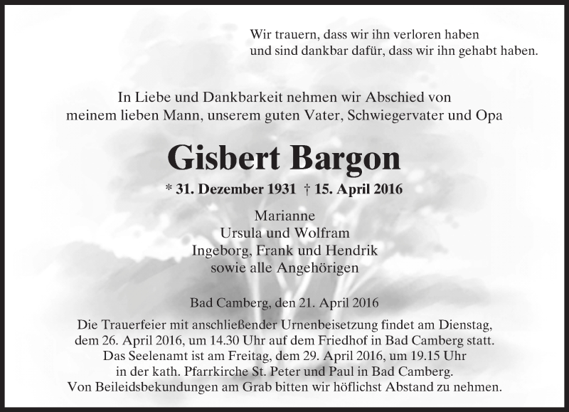  Traueranzeige für Gisbert Bargon vom 21.04.2016 aus  Camberger Anzeiger