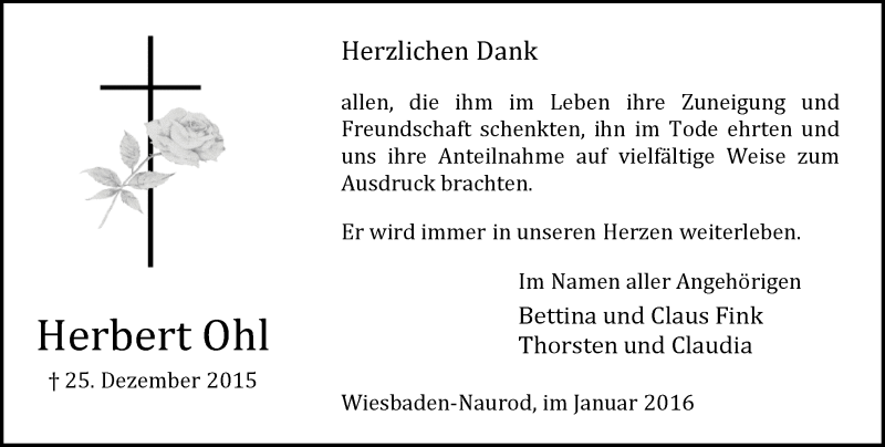  Traueranzeige für Herbert Ohl vom 16.01.2016 aus  Wiesbaden komplett