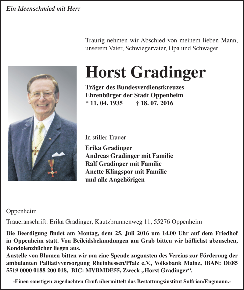  Traueranzeige für Horst Gradinger vom 20.07.2016 aus Trauerportal Rhein Main Presse