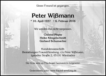 Traueranzeige von Peter Wißmann von  Wiesbaden komplett