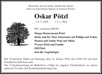 Traueranzeige von Oskar Pötzl von  Kreisanzeiger