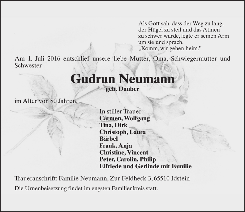  Traueranzeige für Gudrun Neumann vom 06.07.2016 aus Trauerportal Rhein Main Presse