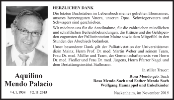 Traueranzeige von Aquilino Mendo Palacio von  Allgemeine Zeitung Mainz