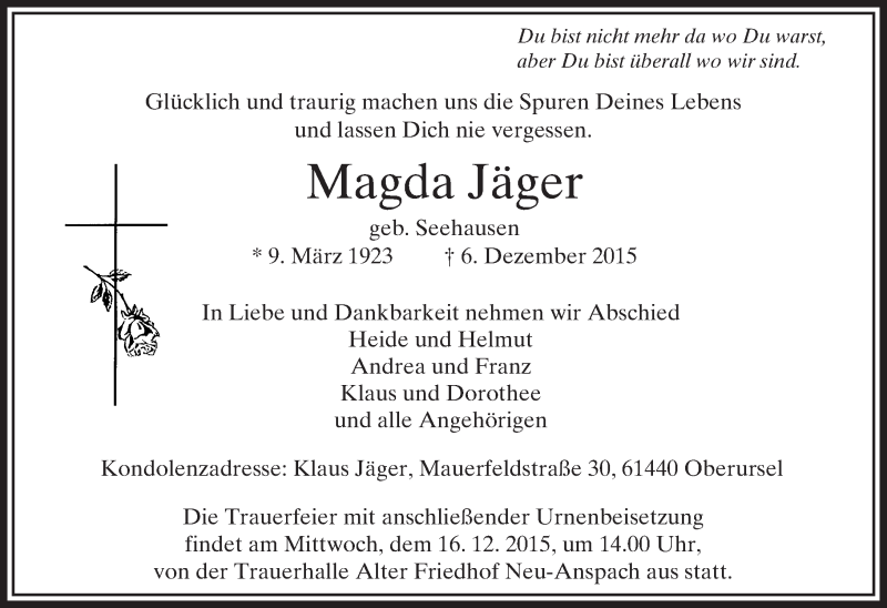  Traueranzeige für Magda Jäger vom 12.12.2015 aus  Usinger Anzeiger