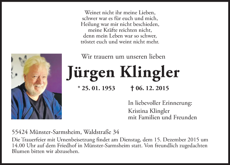  Traueranzeige für Jürgen Klingler vom 12.12.2015 aus  Allgemeine  Zeitung Ingelheim-Bingen
