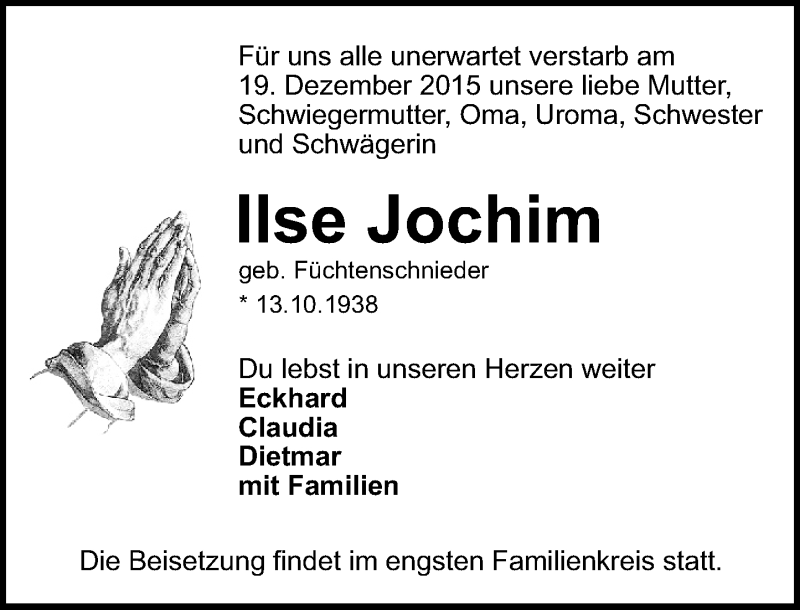  Traueranzeige für Ilse Jochim vom 02.01.2016 aus  Allgemeine Zeitung Mainz