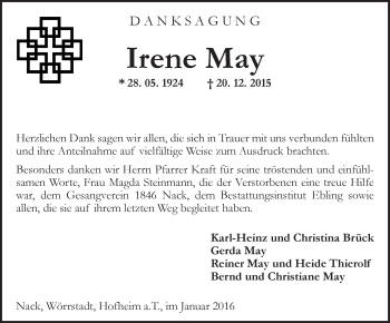 Traueranzeige von Irene May von  Allgemeine Zeitung Alzey