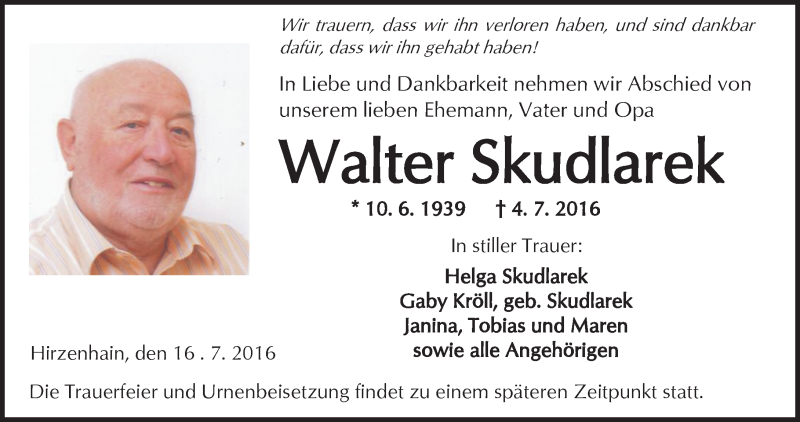  Traueranzeige für Walter Skudlarek vom 16.07.2016 aus  Kreisanzeiger