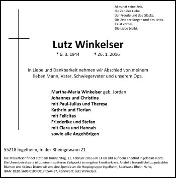 Traueranzeige von Lutz Winkelser von  Allgemeine  Zeitung Ingelheim-Bingen