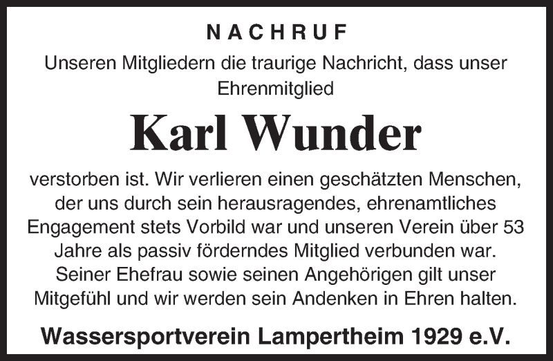  Traueranzeige für Karl Wunder vom 30.01.2016 aus  Bürstädter Zeitung