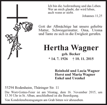 Traueranzeige von Hertha Wagner von  Allgemeine Zeitung Mainz