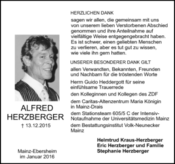 Traueranzeige von Alfred Herzberger von  Allgemeine Zeitung Mainz