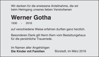 Traueranzeige von Werner Gotha von  Bürstädter Zeitung