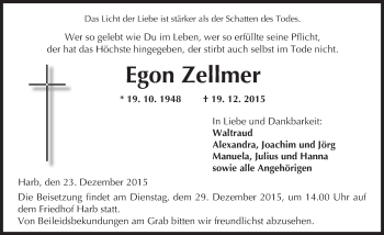 Traueranzeige von Egon Zellmer von  Kreisanzeiger