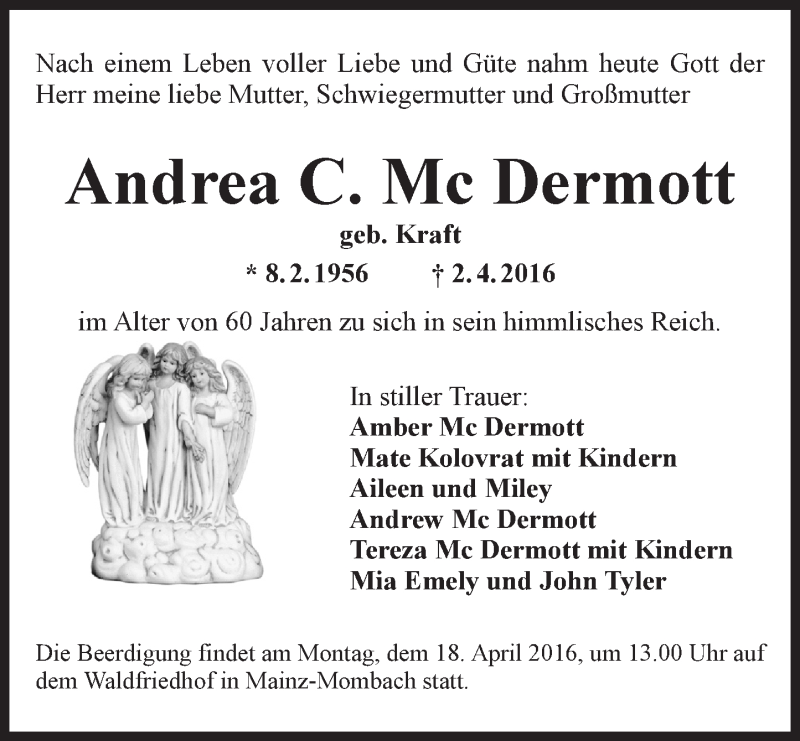  Traueranzeige für Andrea C.  Mc Dermott vom 14.04.2016 aus  Allgemeine Zeitung Mainz