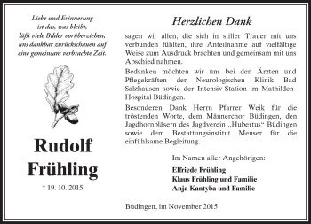 Traueranzeige von Rudolf Frühling von  Sonntags Anzeiger