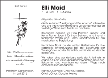 Traueranzeige von Elli Maid von  Gießener Anzeiger