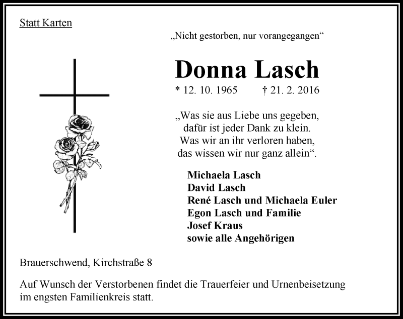  Traueranzeige für Donna Lasch vom 27.02.2016 aus VRM Trauer