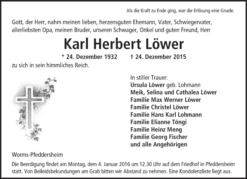  Traueranzeige für Karl Herbert Löwer vom 02.01.2016 aus  Wormser Zeitung