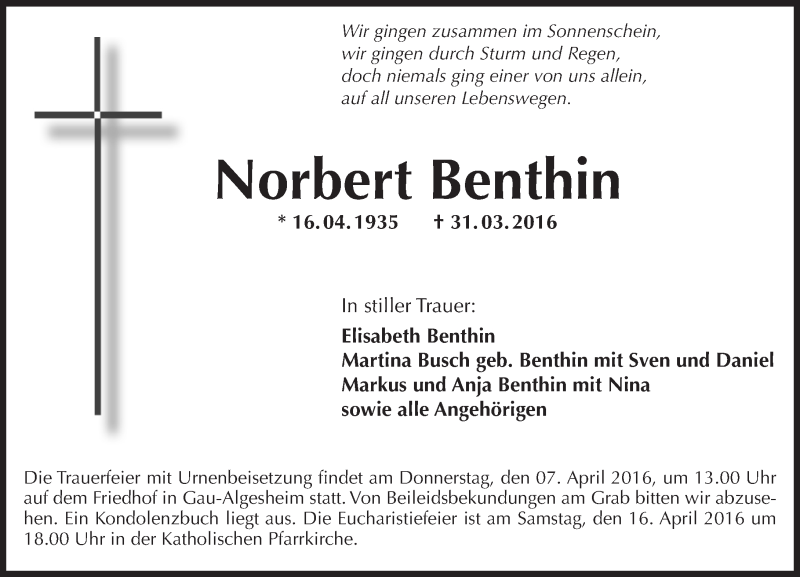  Traueranzeige für Norbert Benthin vom 04.04.2016 aus  Allgemeine Zeitung Mainz