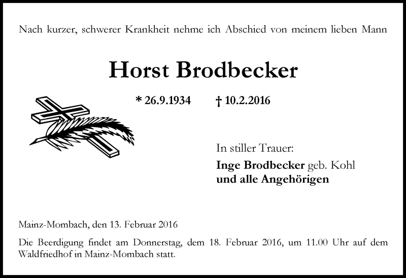  Traueranzeige für Horst Brodbecker vom 13.02.2016 aus  Allgemeine Zeitung Mainz
