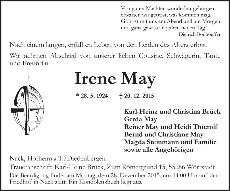  Traueranzeige für Irene May vom 22.12.2015 aus  Allgemeine Zeitung Alzey