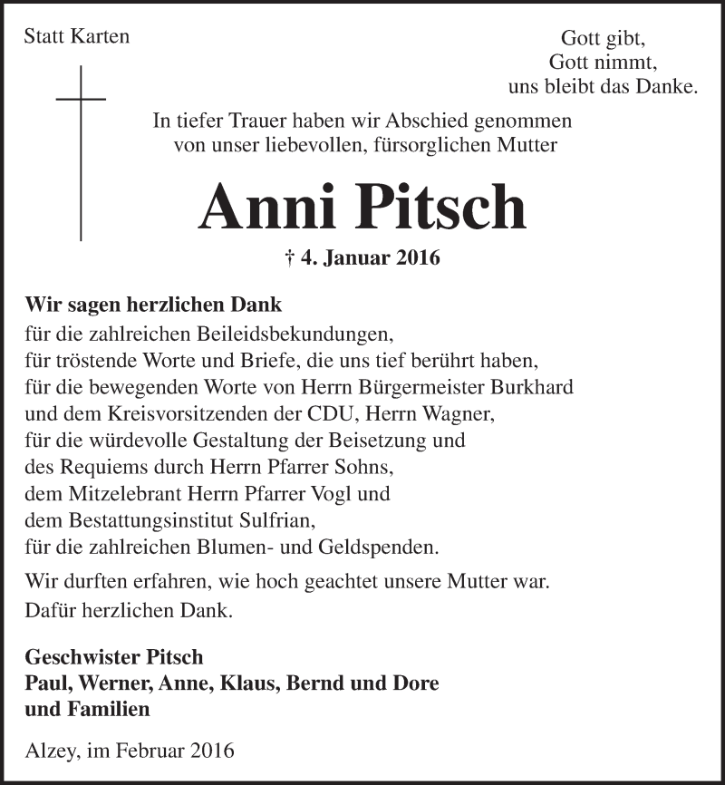  Traueranzeige für Anni Pitsch vom 06.02.2016 aus  Allgemeine Zeitung Alzey