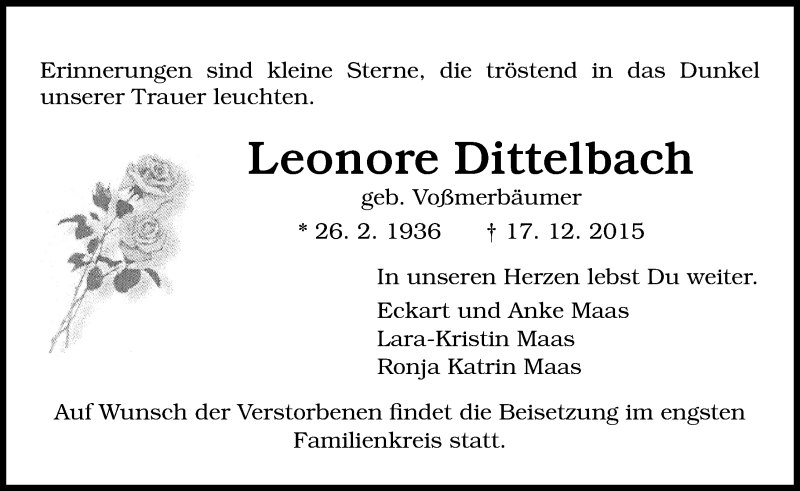  Traueranzeige für Leonore Dittelbach vom 21.12.2015 aus  Gießener Anzeiger
