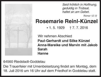Traueranzeige von Rosemarie Reinl-Künzel von Trauerportal Echo Online