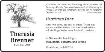 Traueranzeige von Theresia Brenner von Trauerportal Rhein Main Presse