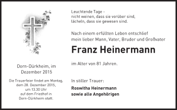 Traueranzeige von Franz Heinermann von  Wormser Zeitung