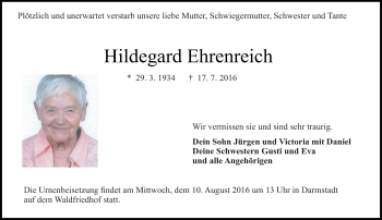 Traueranzeige von Hildegard Ehrenreich von Trauerportal Echo Online
