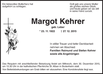 Traueranzeige von Margot Kehrer von  Allgemeine Zeitung Mainz