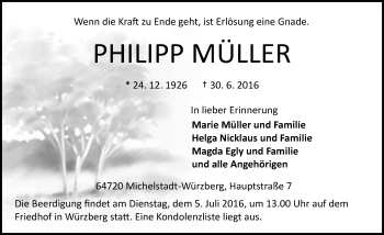 Traueranzeige von Phillipp Müller von Trauerportal Echo Online