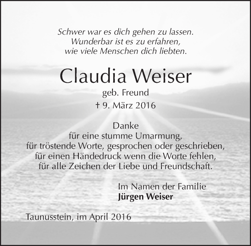  Traueranzeige für Claudia Weiser vom 02.04.2016 aus  Wiesbaden komplett