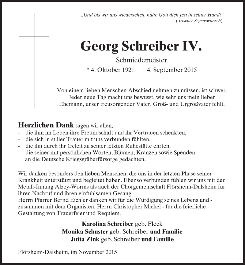  Traueranzeige für Georg Schreiber vom 14.11.2015 aus  Allgemeine Zeitung Alzey